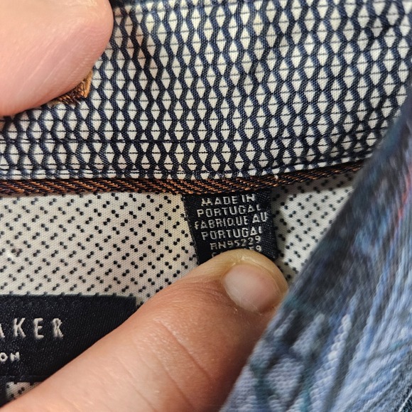 Ted Baker Shirt Men Size 5 Flip‎ Cuff Button Up Long Sleeve Leaf Print Blue Tone - Picture 3 of 12